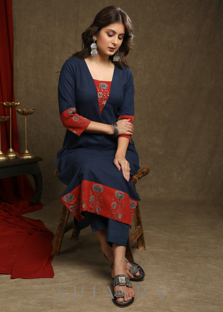 Smart Navy Blue Cotton  Ajrakh Combination Kurta With Pearl Embellishments - Pant Optional