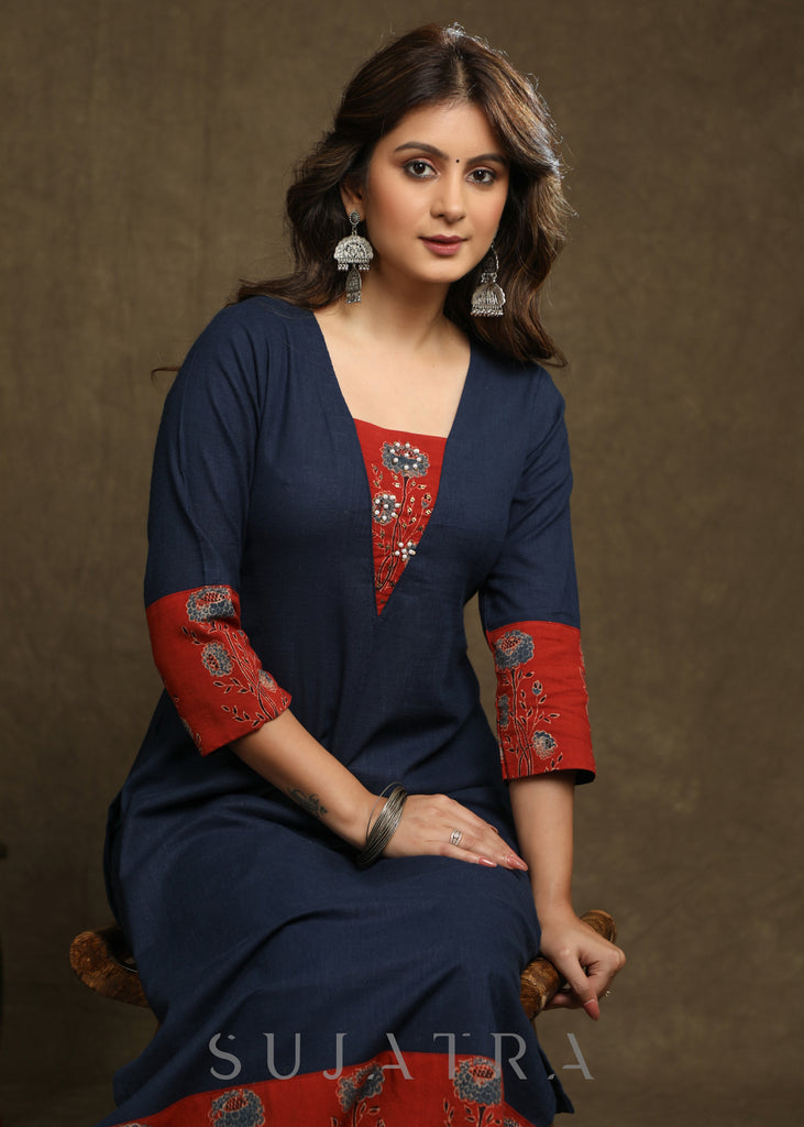 Smart Navy Blue Cotton  Ajrakh Combination Kurta With Pearl Embellishments - Pant Optional