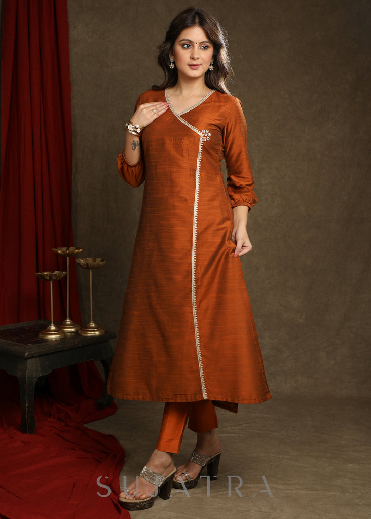 Stylish Rust Cotton Silk Crossover Kurta  With  Lace And Embellishment’s - Pant Optional