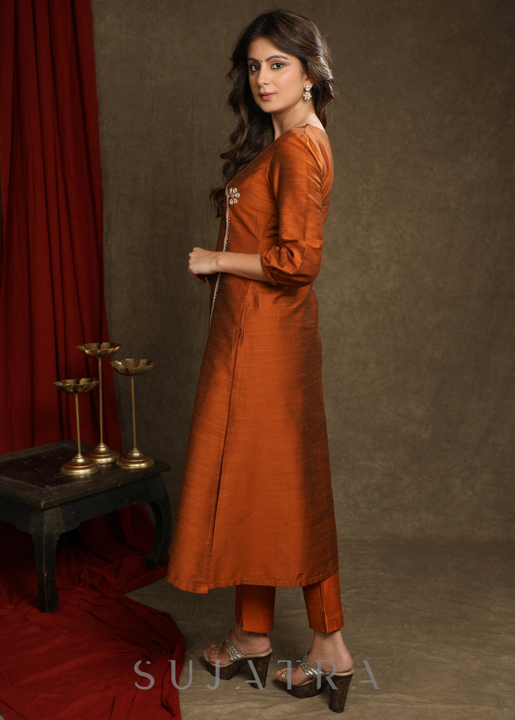 Stylish Rust Cotton Silk Crossover Kurta  With  Lace And Embellishment’s - Pant Optional