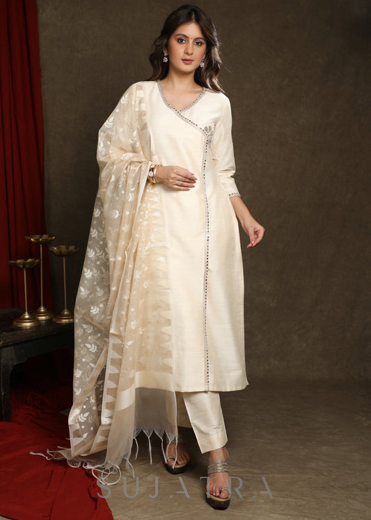 Stylish Ivory Cotton Silk Crossover Kurta with Laces And Embellishments