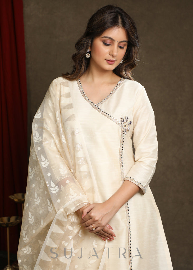 Stylish Ivory Cotton Silk Crossover Kurta And Pant with Laces And Embellishment’s - Dupatta Optional
