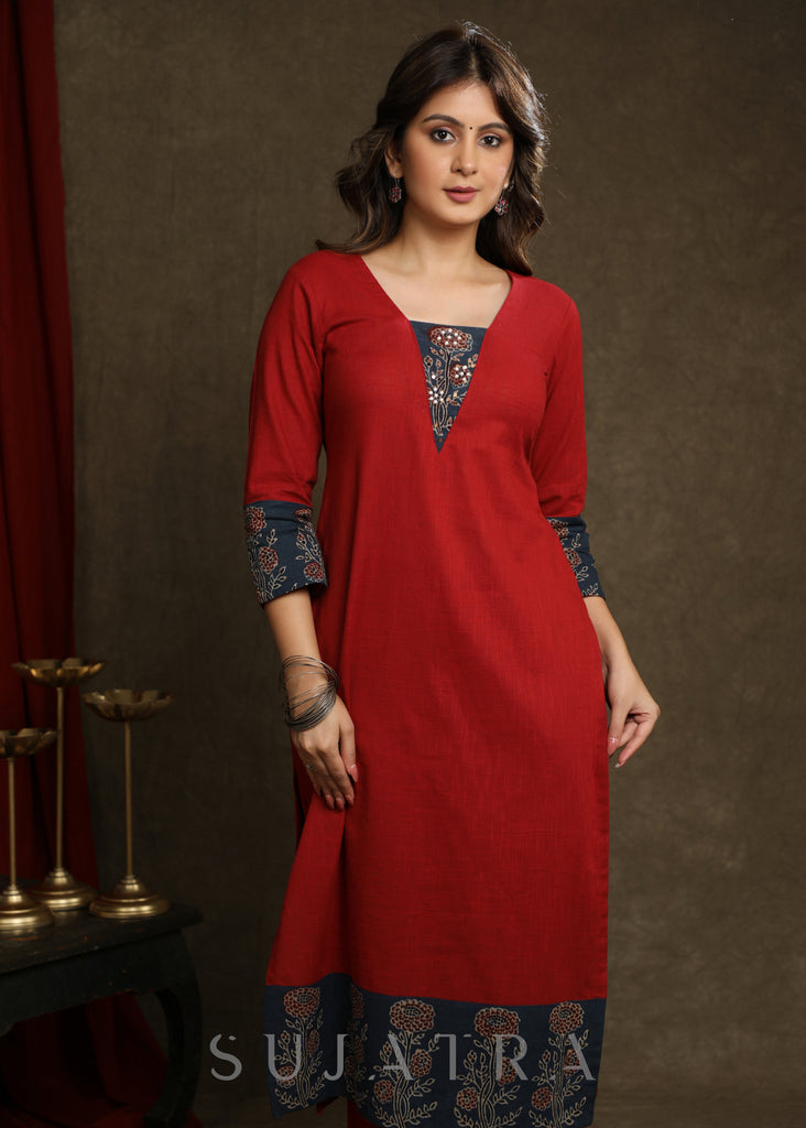 Stylish Maroon Cotton Ajrakh Combination Kurta With Pearl Embellishments - Pant Optional