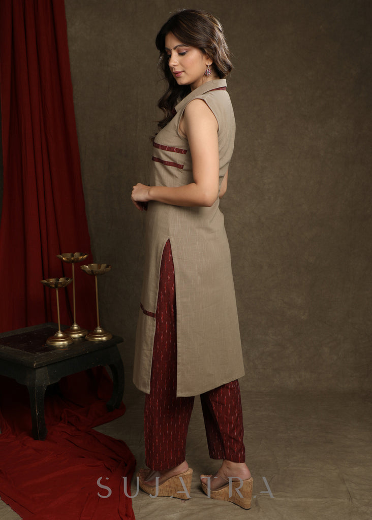 Trendy Beige Cotton Collared Ikat Combination Kurta - Pant Optional