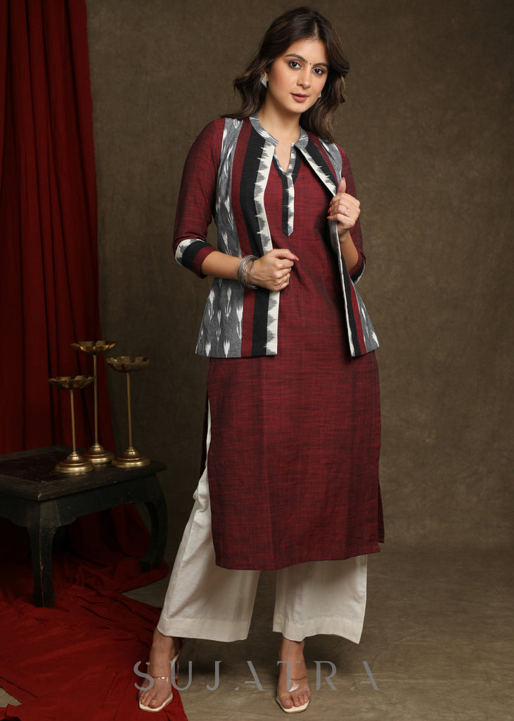 Exclusive Wine Pure Cotton Kurta - Multi Colour Ikat Jacket Optional