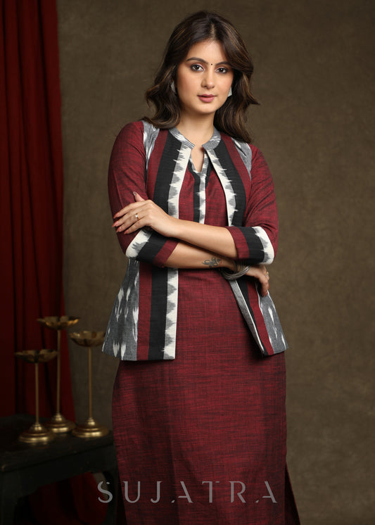 Exclusive Wine Pure Cotton Kurta - Multi Colour Ikat Jacket Optional