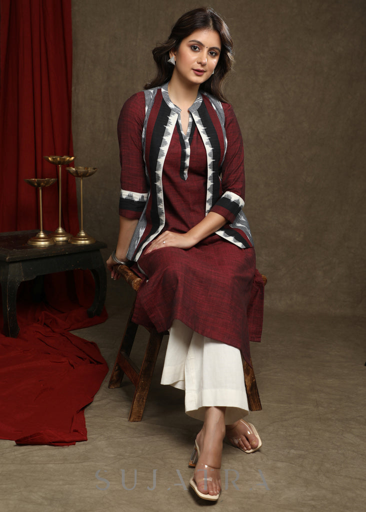 Exclusive Wine Pure Cotton Kurta - Multi Colour Ikat Jacket Optional
