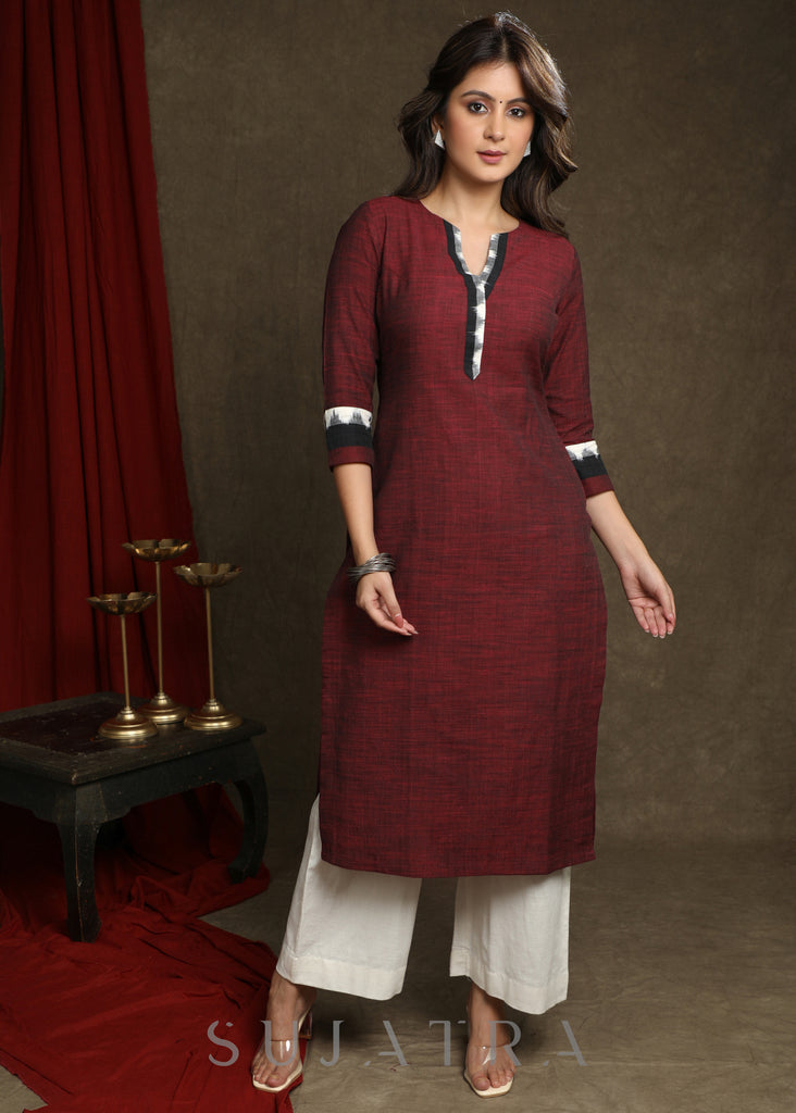 Exclusive Wine Pure Cotton Kurta - Multi Colour Ikat Jacket Optional