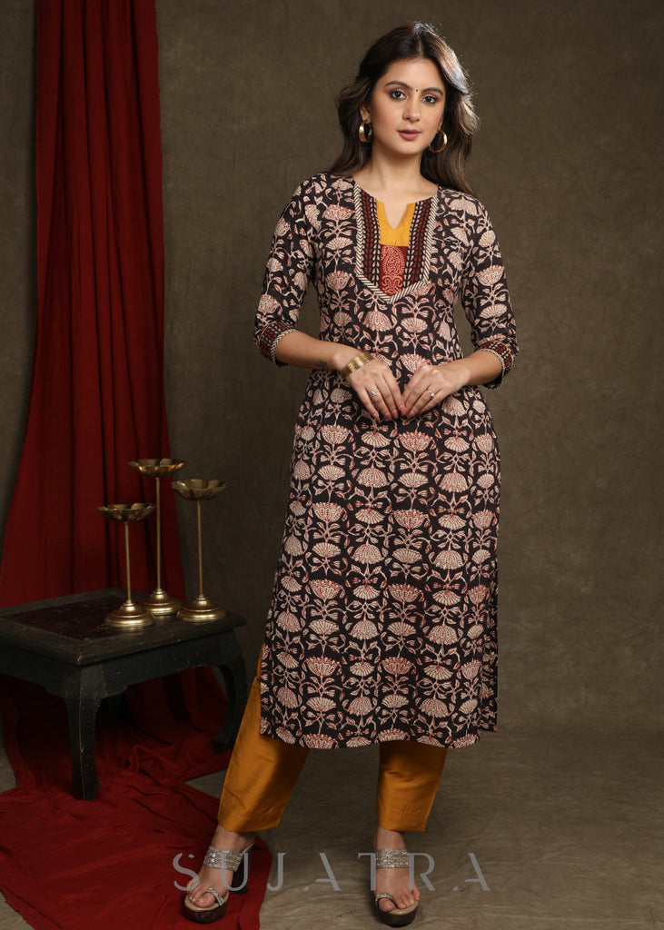 Exclusive Black Floral Printed Kurta With Mustard Combination Yoke - Pant Optional
