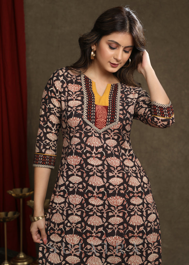 Exclusive Black Floral Printed Kurta With Mustard Combination Yoke - Pant Optional