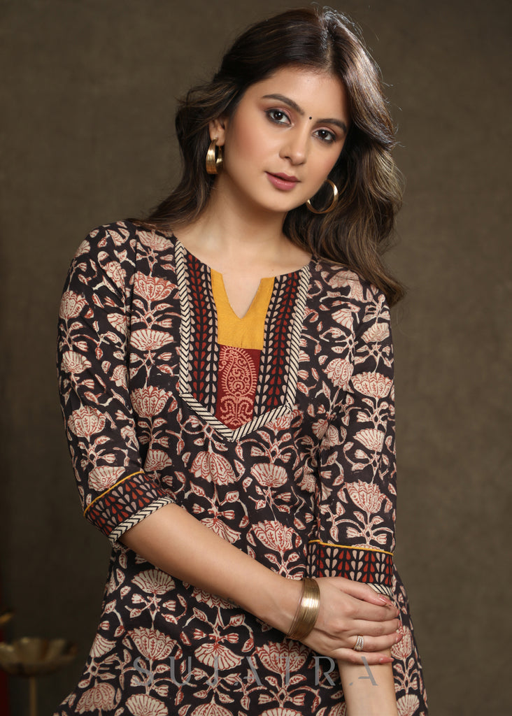 Exclusive Black Floral Printed Kurta With Mustard Combination Yoke - Pant Optional