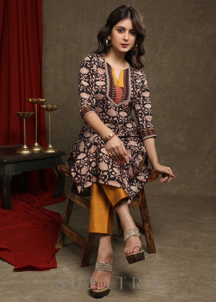 Exclusive Black Floral Printed Kurta With Mustard Combination Yoke - Pant Optional