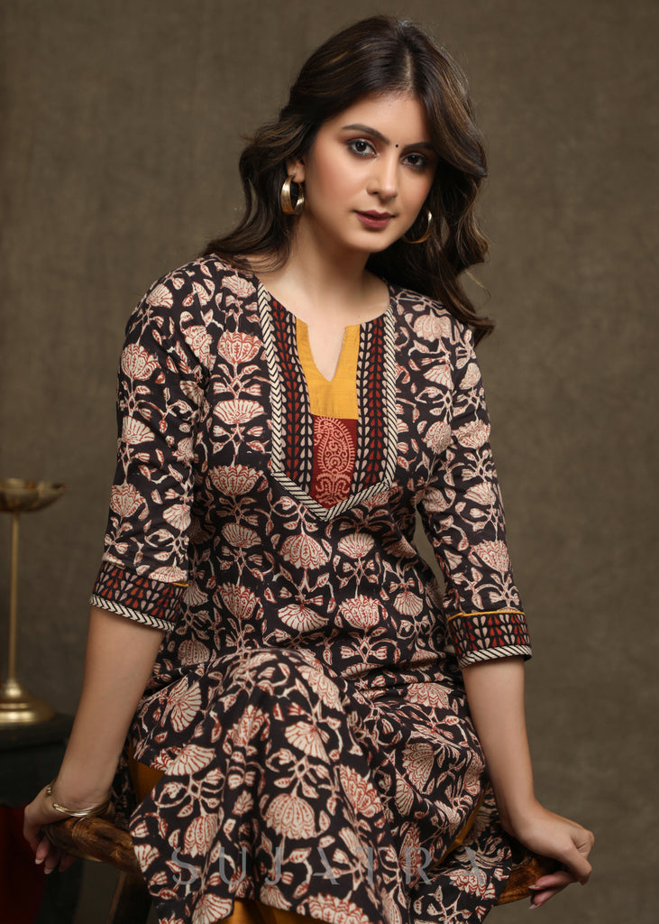 Exclusive Black Floral Printed Kurta With Mustard Combination Yoke - Pant Optional