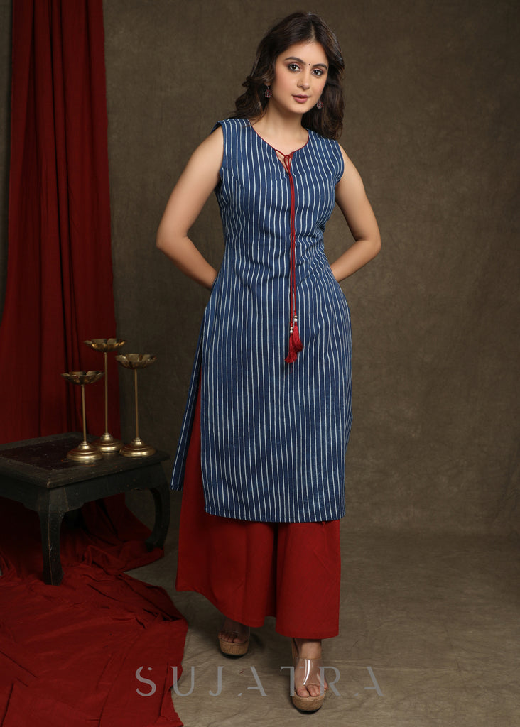Smart Indigo Striped Kurta Combined With Ajrakh A-Line Shrug - Palazzo Optional