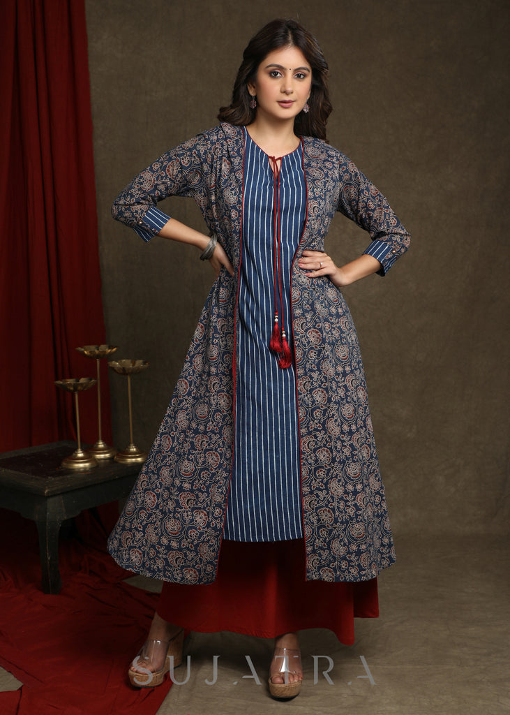 Smart Indigo Striped Kurta Combined With Ajrakh A-Line Shrug - Palazzo Optional