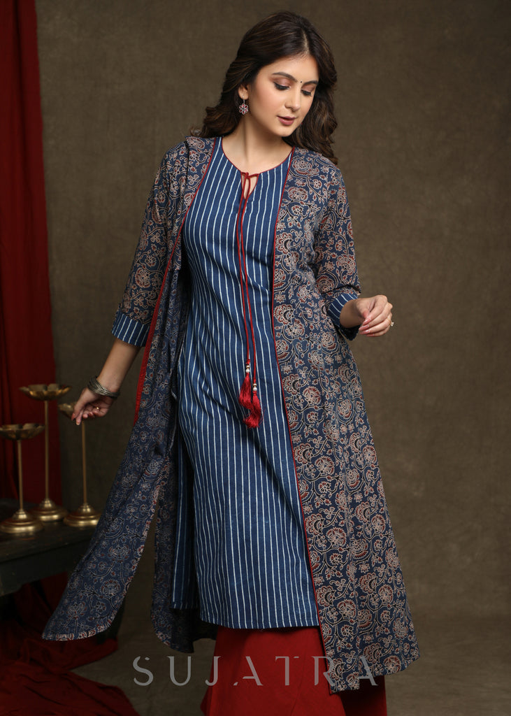Smart Indigo Striped Kurta Combined With Ajrakh A-Line Shrug - Palazzo Optional