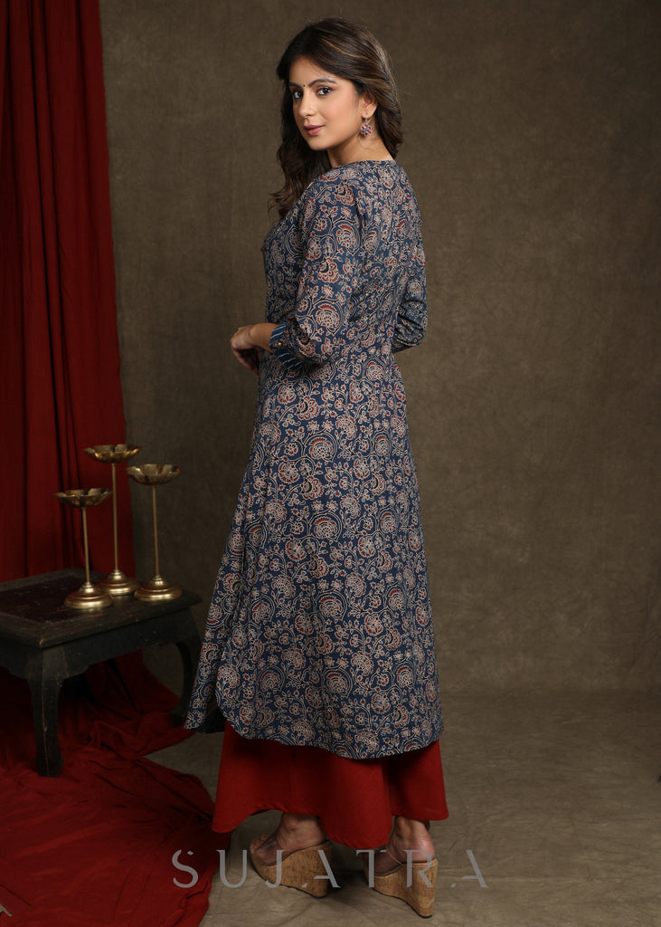 Smart Indigo Striped Kurta Combined With Ajrakh A-Line Shrug - Palazzo Optional