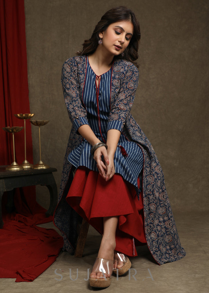 Smart Indigo Striped Kurta Combined With Ajrakh A-Line Shrug - Palazzo Optional