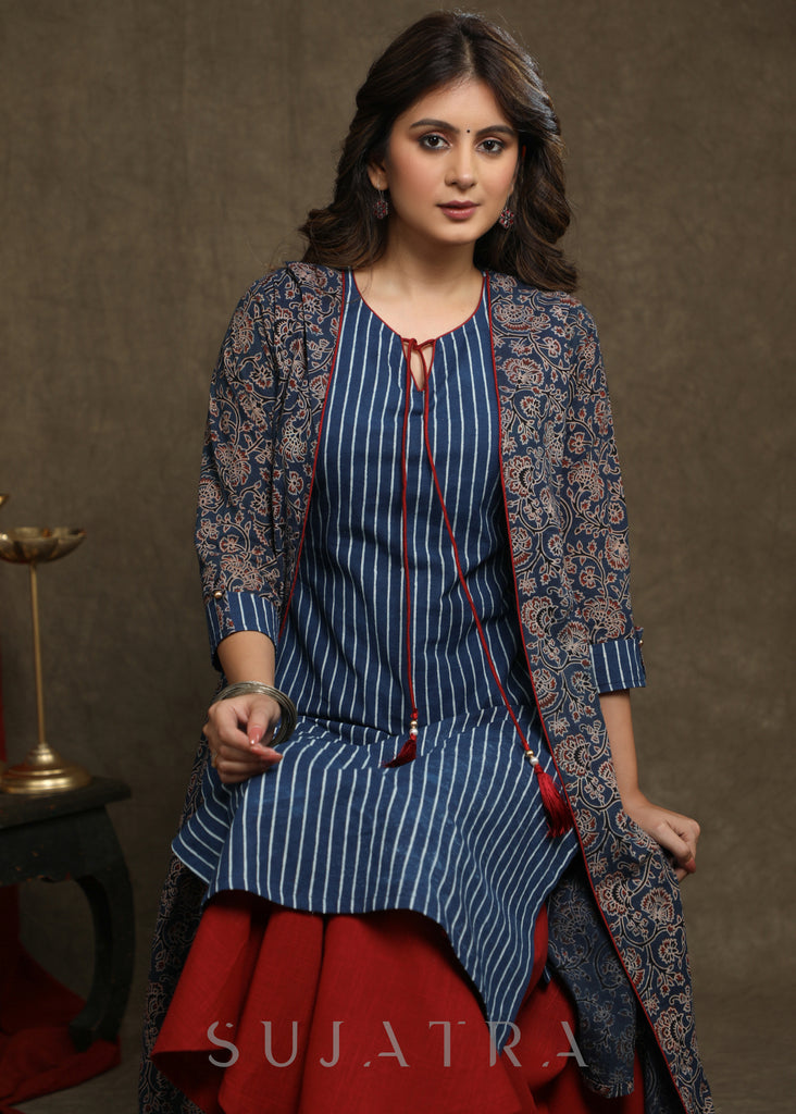 Smart Indigo Striped Kurta Combined With Ajrakh A-Line Shrug - Palazzo Optional