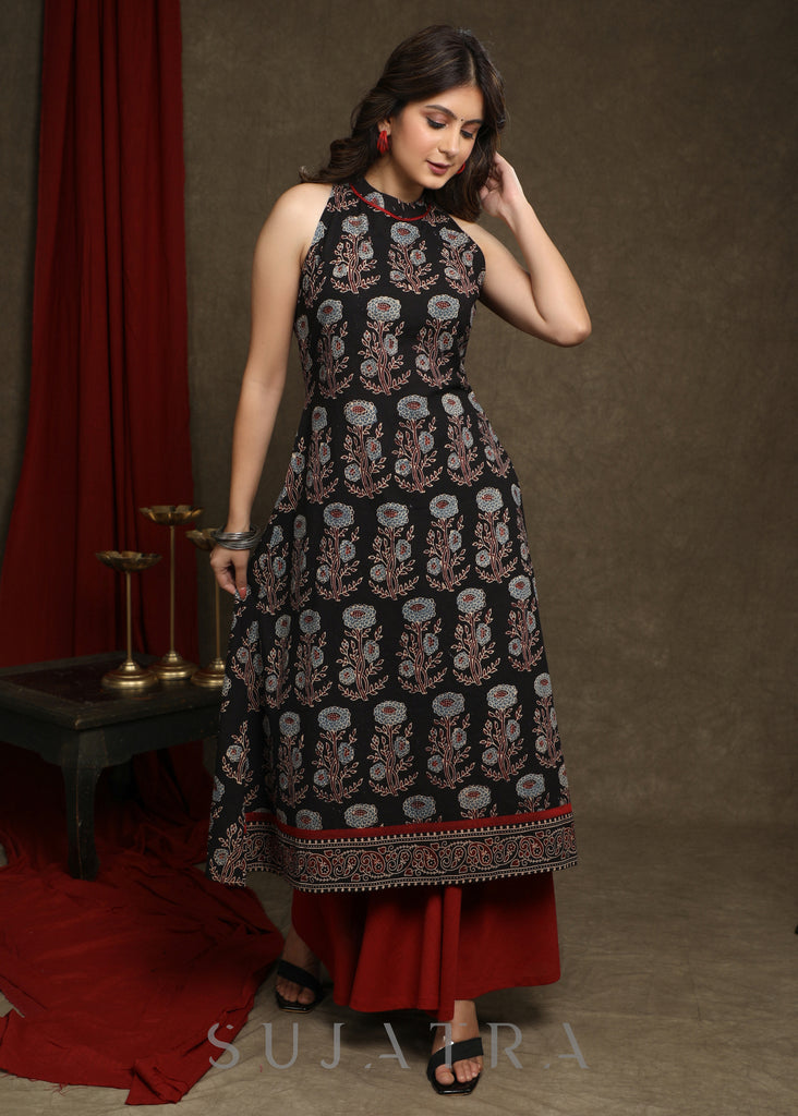 Stylish Black Cotton Floral Ajrakh Halter Neck A-Line Kurta  - Flared Palazzo Optional