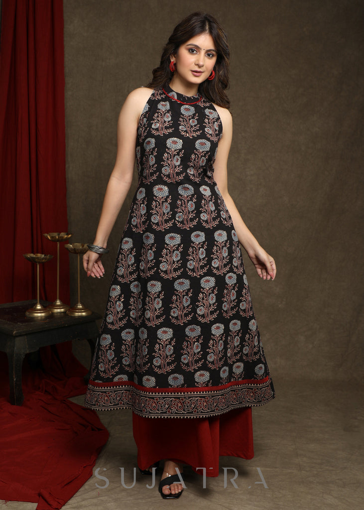 Stylish Black Cotton Floral Ajrakh Halter Neck A-Line Kurta  - Flared Palazzo Optional