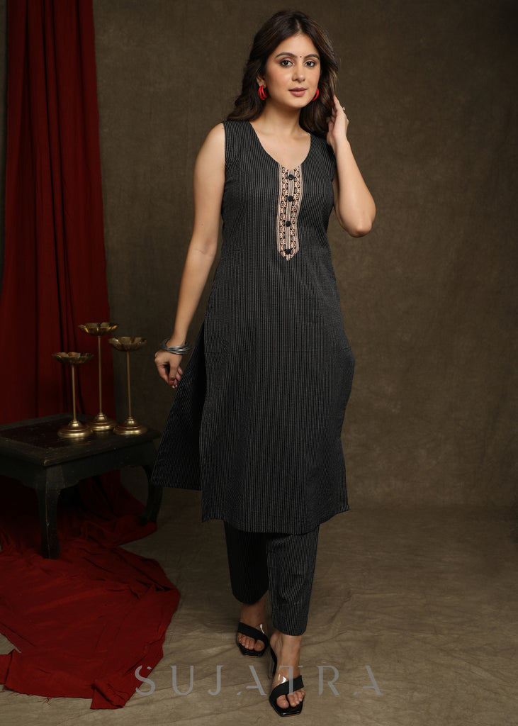 Elegant Black Kantha Kurta Combined With Ajrakh Printed Shrug - Pant Optional