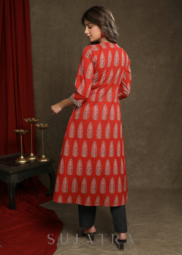 Elegant Black Kantha Kurta Combined With Ajrakh Printed Shrug - Pant Optional