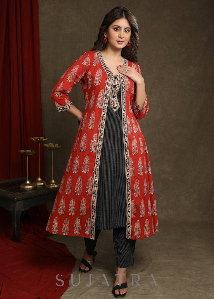 Elegant Black Kantha Kurta Combined With Ajrakh Printed Shrug - Pant Optional