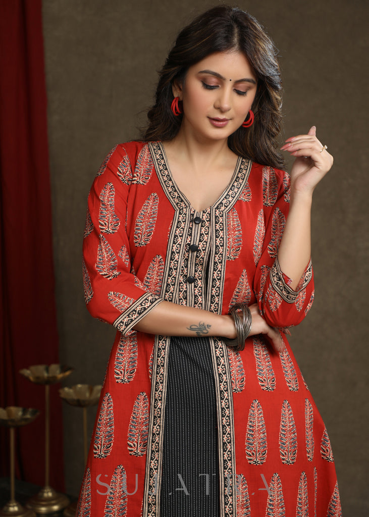 Elegant Black Kantha Kurta Combined With Ajrakh Printed Shrug - Pant Optional