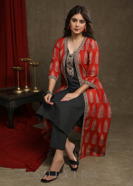 Elegant Black Kantha Kurta Combined With Ajrakh Printed Shrug - Pant Optional
