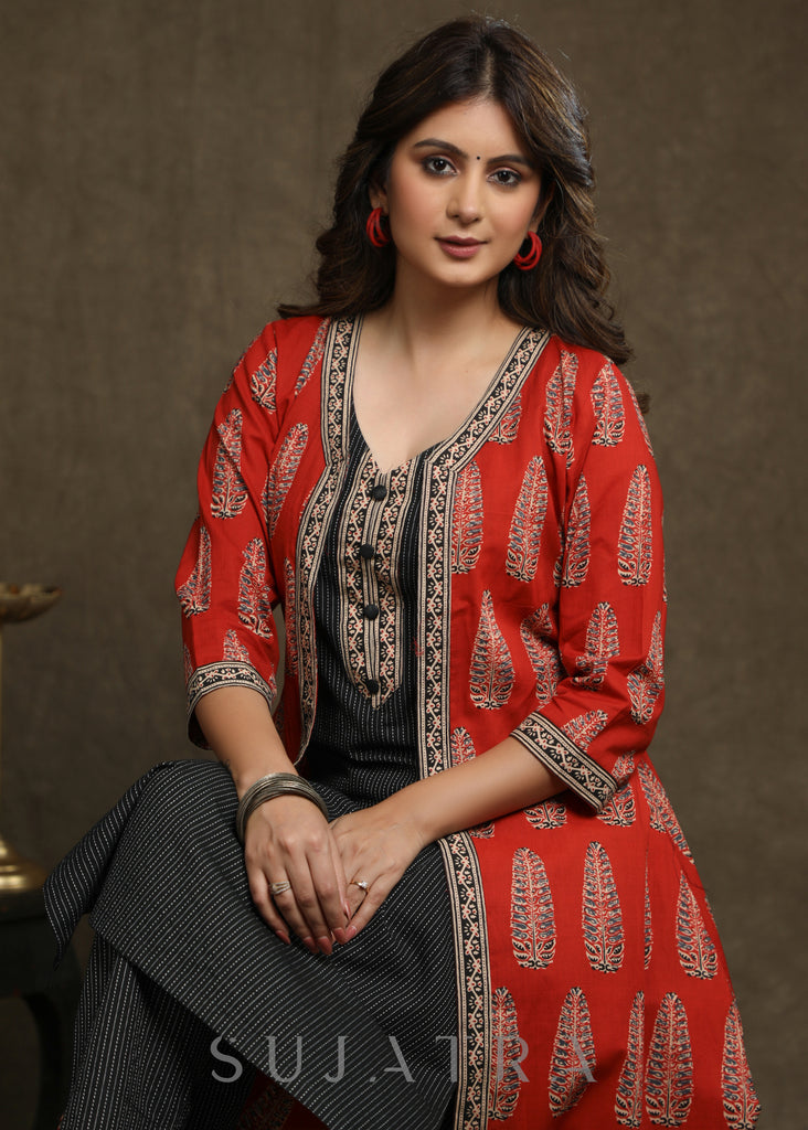 Elegant Black Kantha Kurta Combined With Ajrakh Printed Shrug - Pant Optional