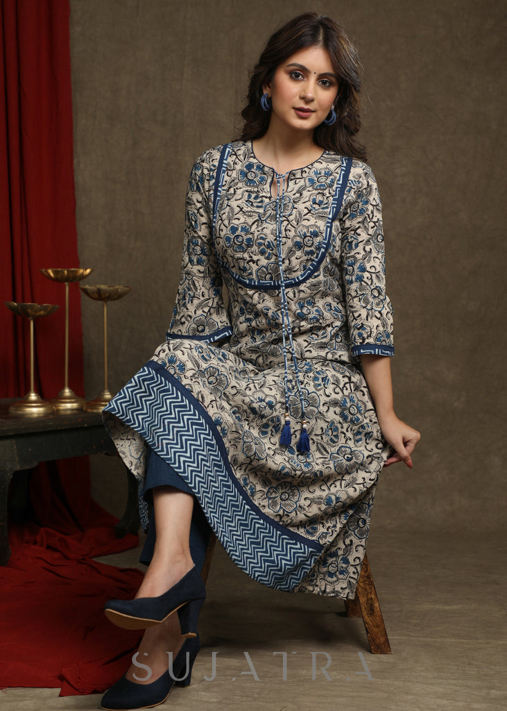 Elegant Floral Print Kalamkari A-Line Kurta In Indigo Combination - Pant Optional