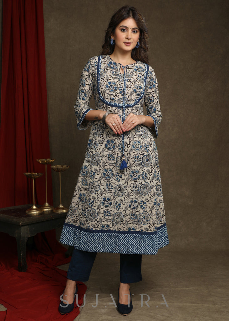 Elegant Floral Print Kalamkari A-Line Kurta In Indigo Combination - Pant Optional