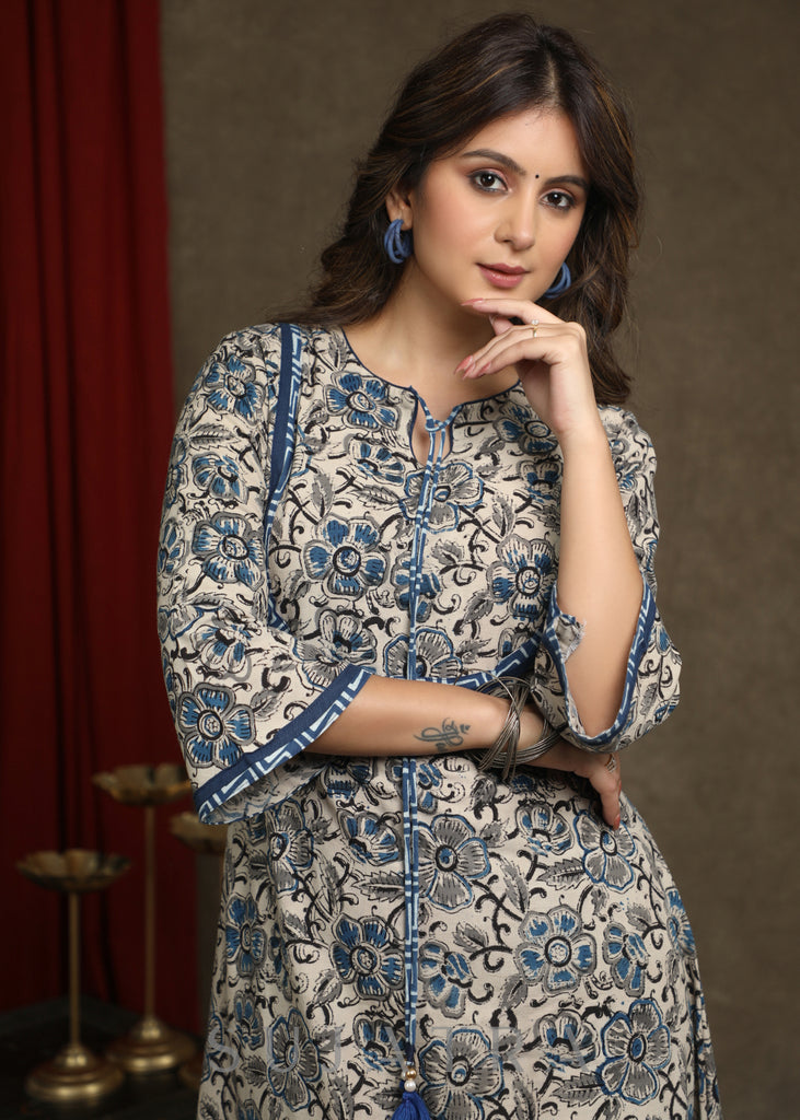 Elegant Floral Print Kalamkari A-Line Kurta In Indigo Combination - Pant Optional