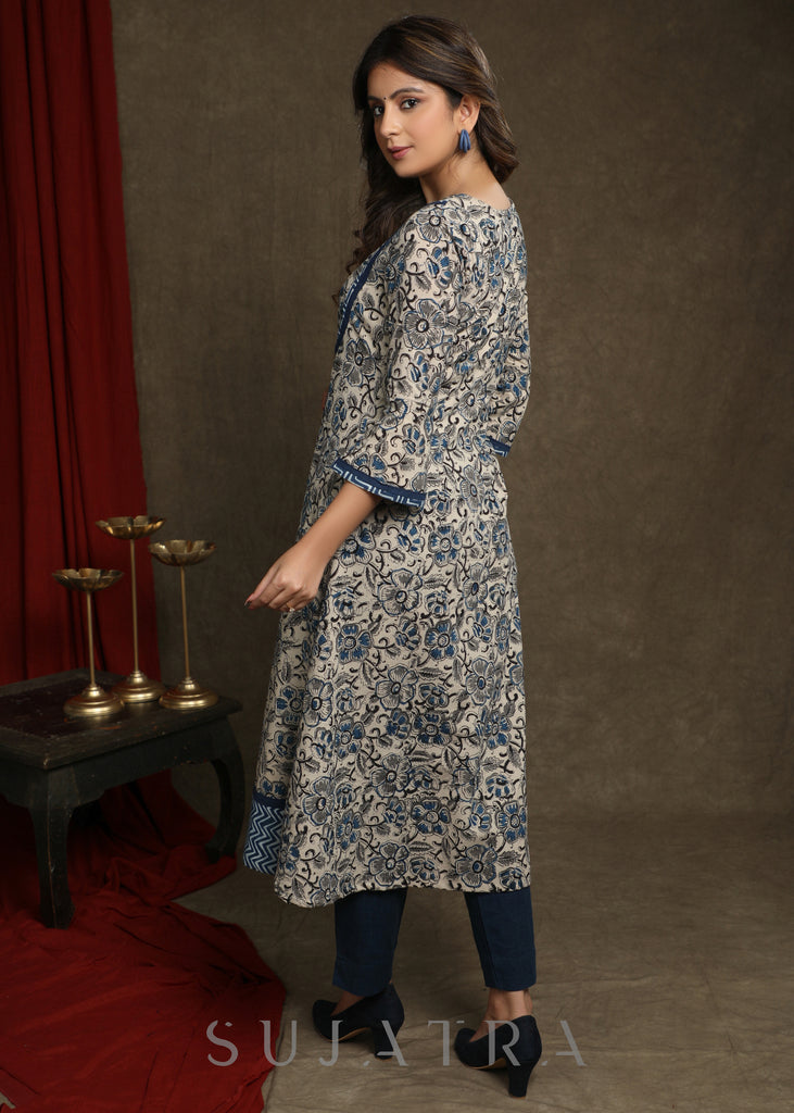 Elegant Floral Print Kalamkari A-Line Kurta In Indigo Combination - Pant Optional