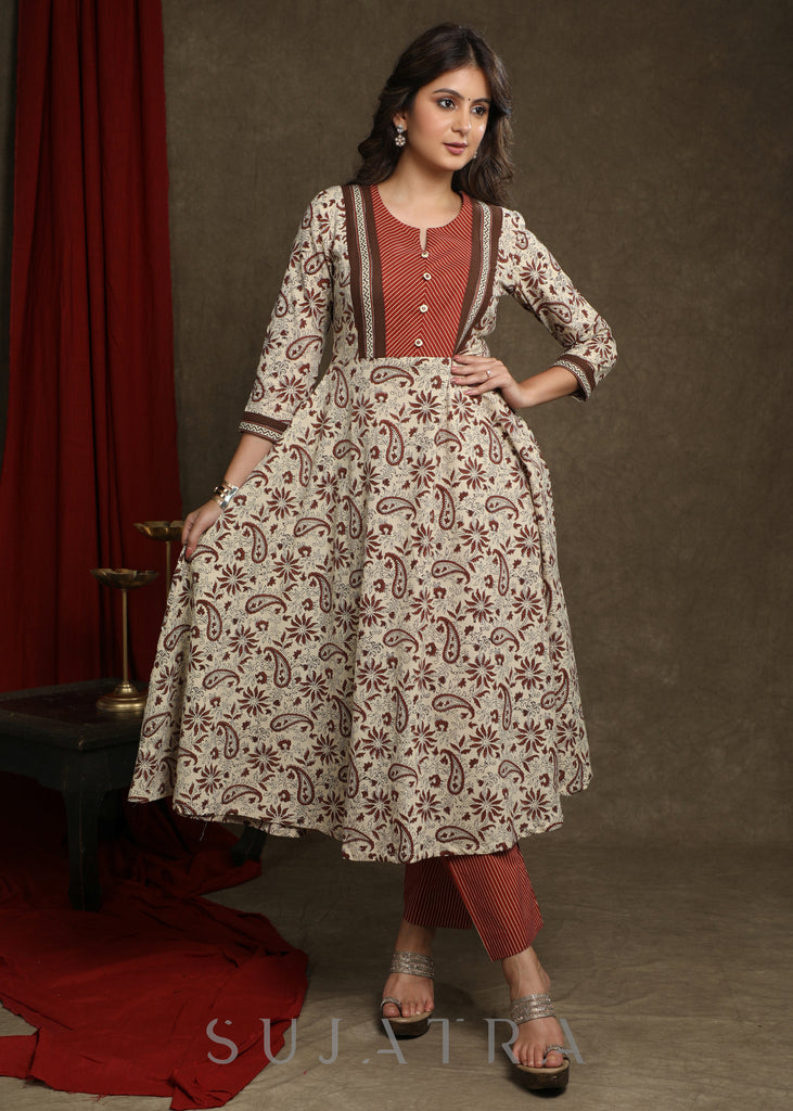 Trendy Cotton Light Beige Printed A-Line Kurta With Striped Combination Yoke - Pant Optional