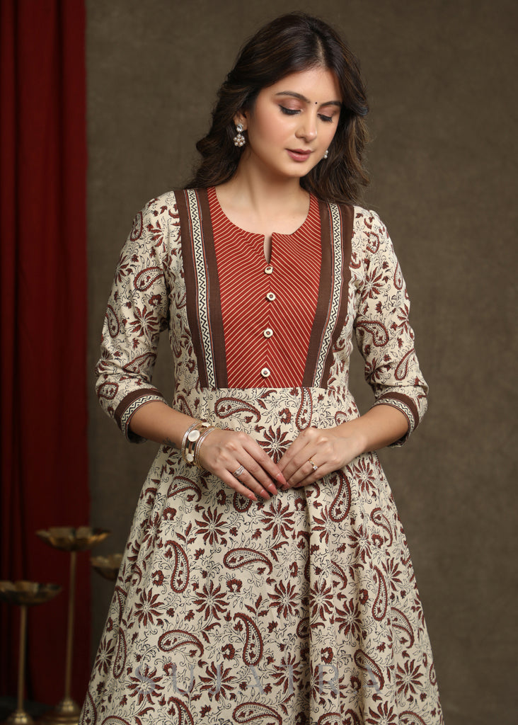Trendy Cotton Light Beige Printed A-Line Kurta With Striped Combination Yoke - Pant Optional