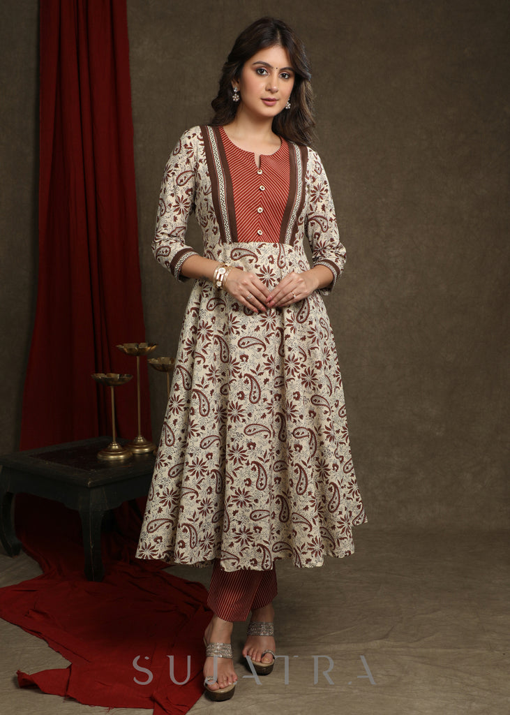 Trendy Cotton Light Beige Printed A-Line Kurta With Striped Combination Yoke - Pant Optional