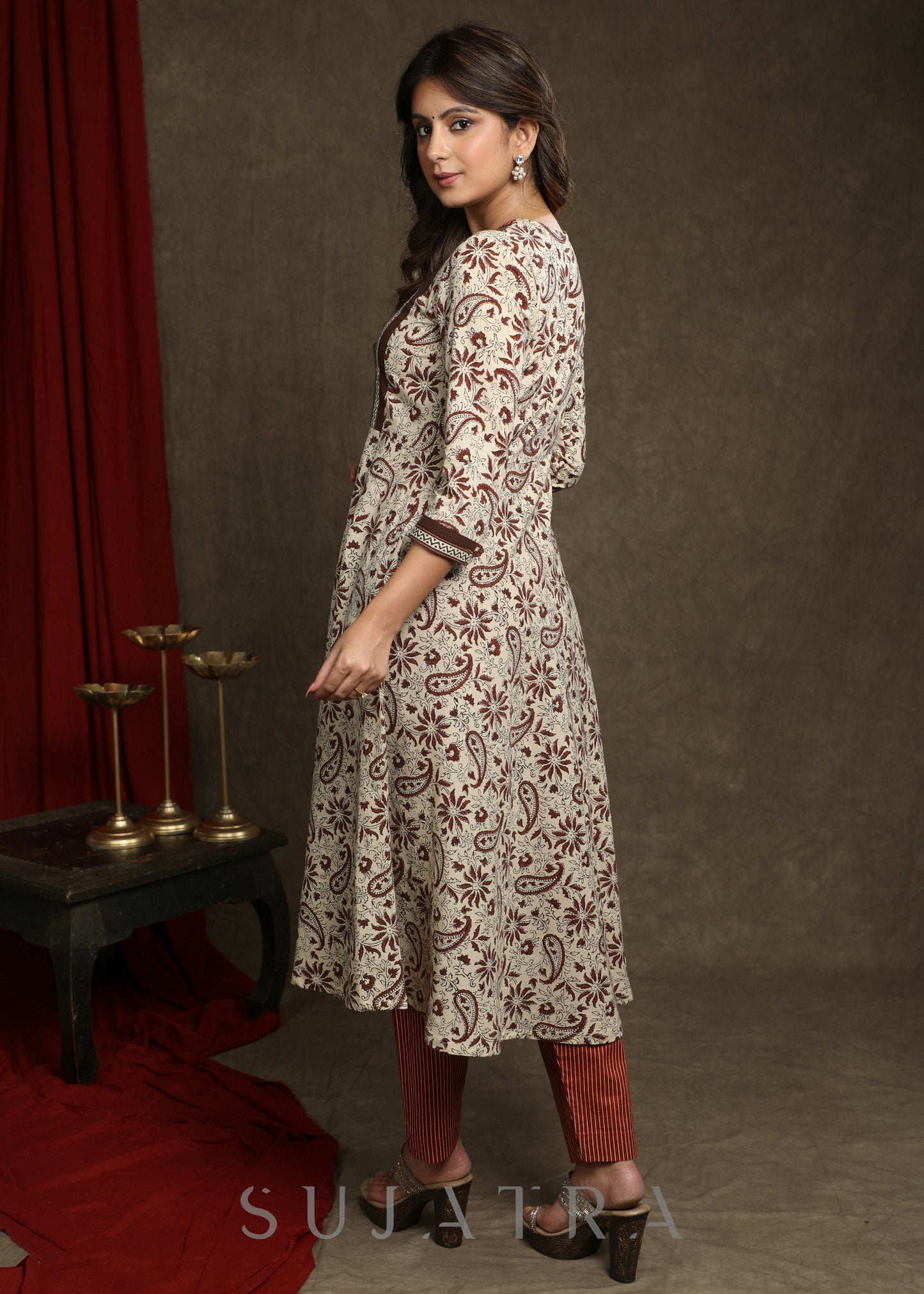 Trendy Cotton Light Beige Printed A-Line Kurta With Striped Combination Yoke - Pant Optional