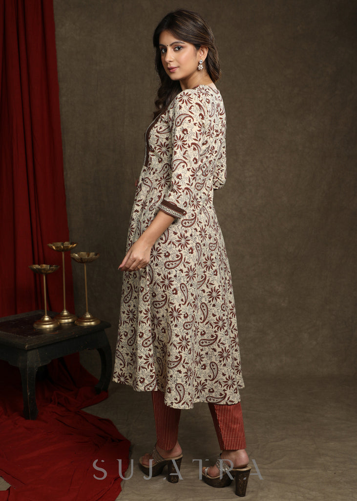 Trendy Cotton Light Beige Printed A-Line Kurta With Striped Combination Yoke - Pant Optional