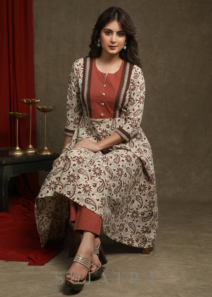 Trendy Cotton Light Beige Printed A-Line Kurta With Striped Combination Yoke - Pant Optional