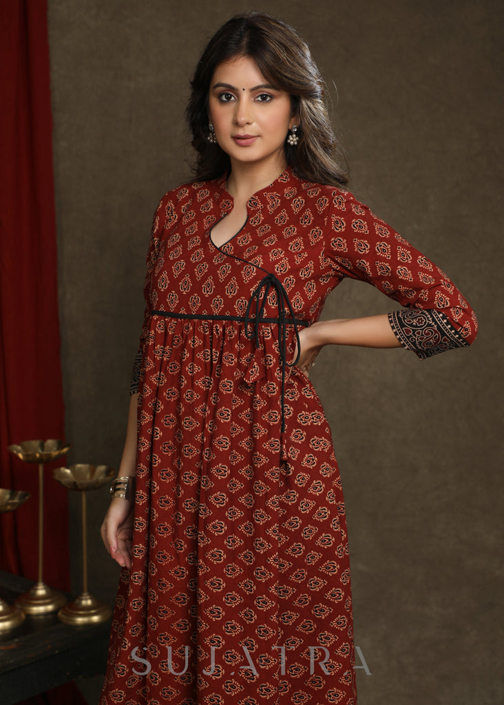 Elegant Maroon Ajrakh Combination A-Line Gathered Kurta - Pant Optional