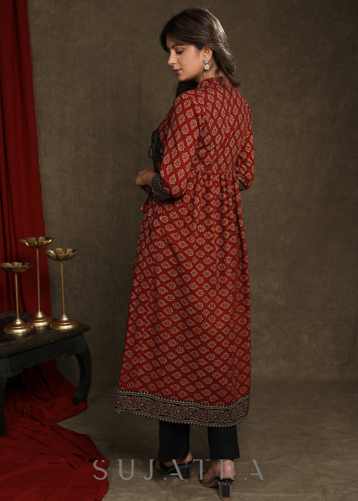 Elegant Maroon Ajrakh Combination A-Line Gathered Kurta - Pant Optional
