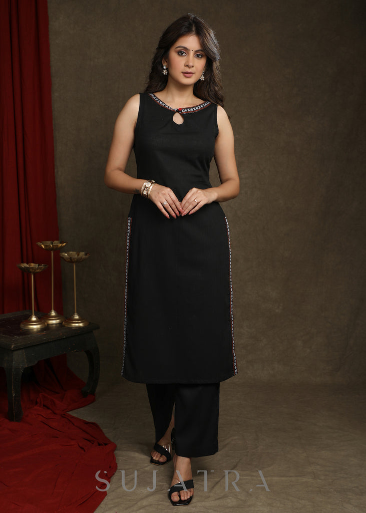 Black Ikat Combination Kurta With Ikat Jacket - Pant Optional