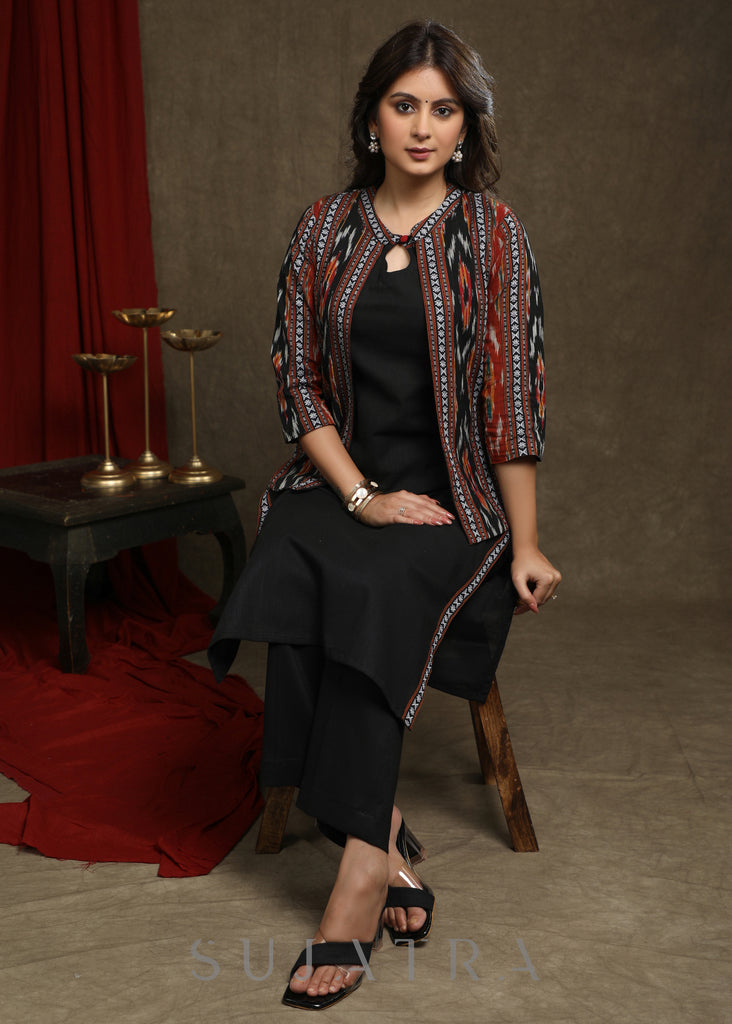 Black Ikat Combination Kurta With Ikat Jacket - Pant Optional