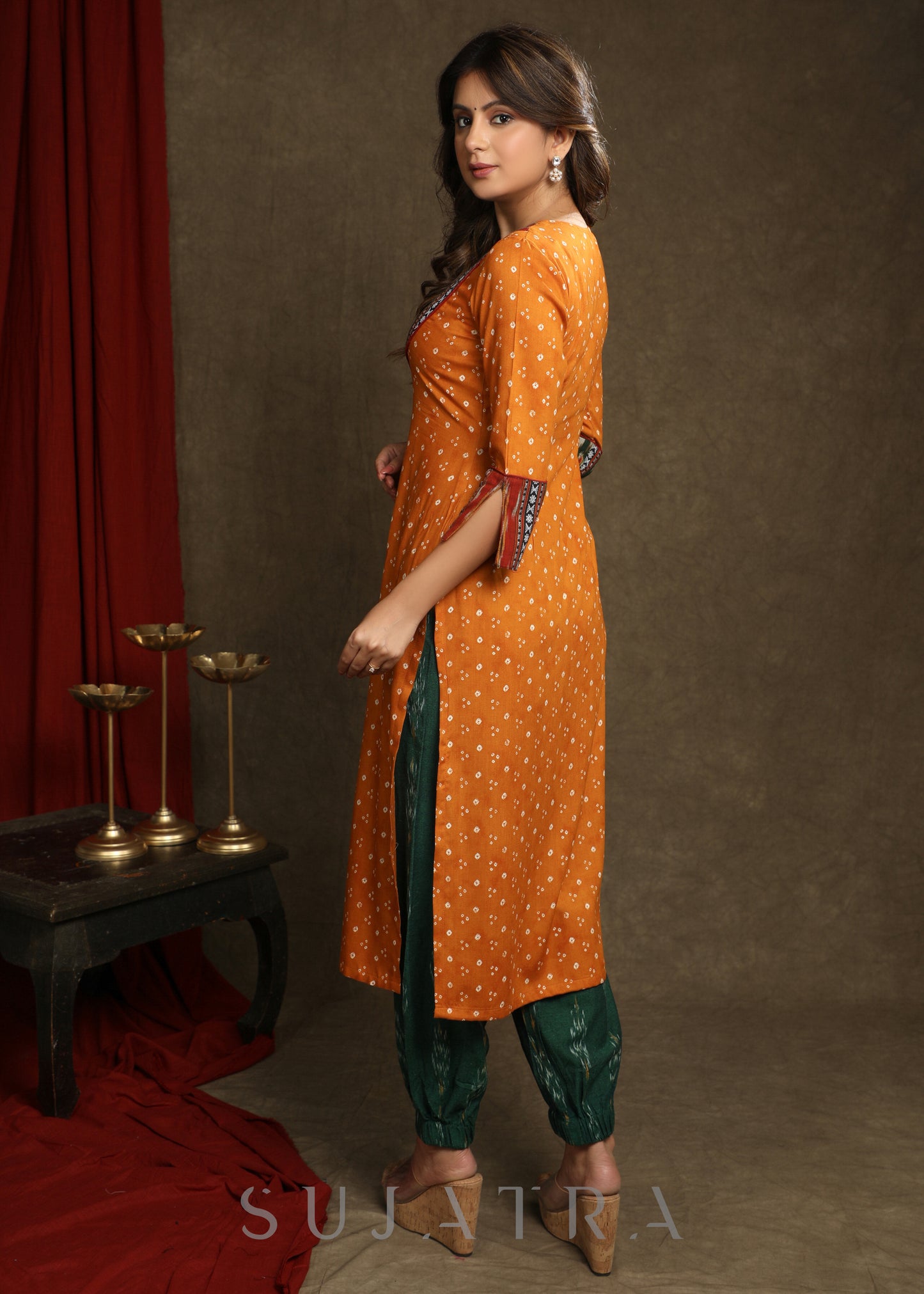 Beautiful Mustard Rayon Bandhani With Ikat Combination Kurta - Pant optional