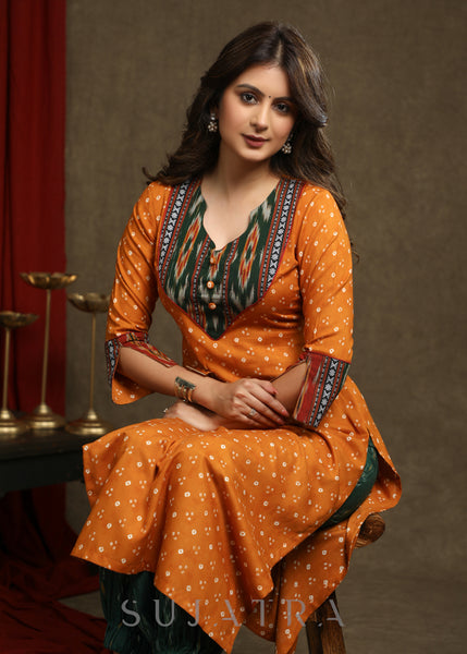 Beautiful Mustard Rayon Bandhani With Ikat Combination Kurta - Pant optional