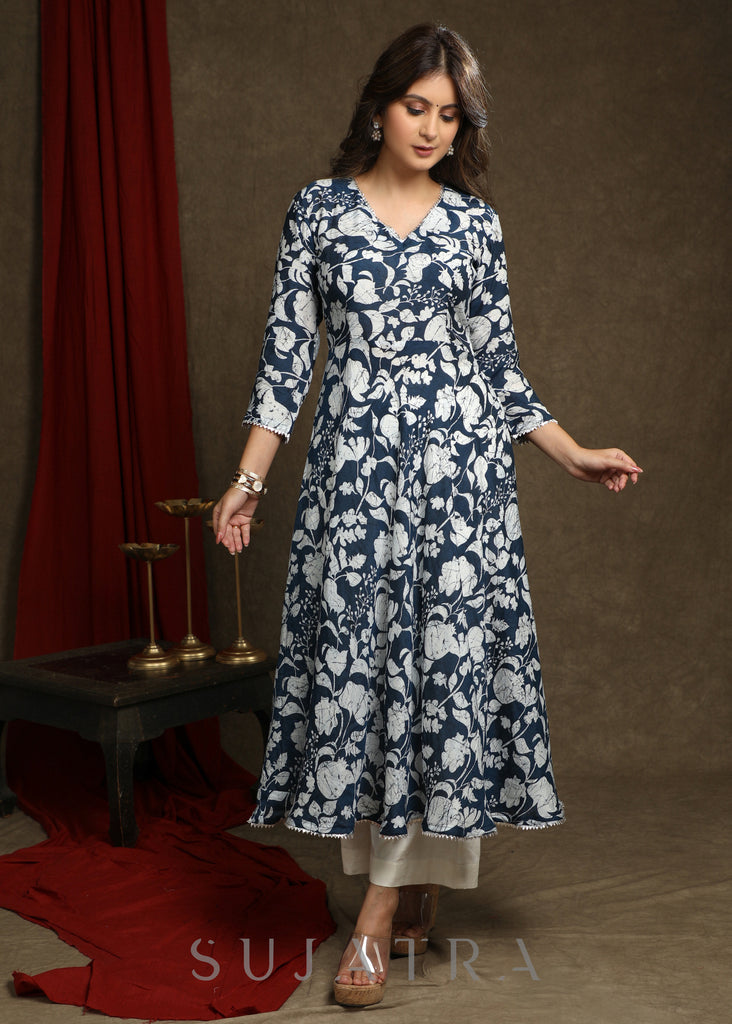 Exquisite Navy Blue Floral Printed A-Line Flared Kurta Highlighted With Beautiful Lace - Pant Optional
