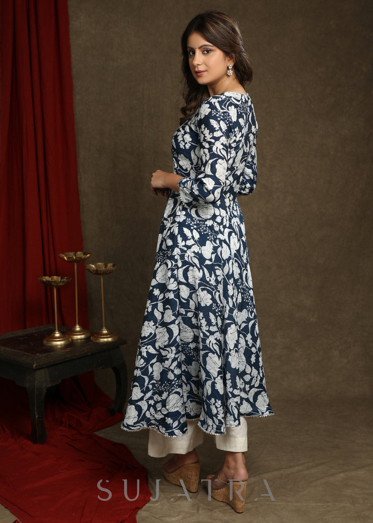 Exquisite Navy Blue Floral Printed A-Line Flared Kurta Highlighted With Beautiful Lace - Pant Optional
