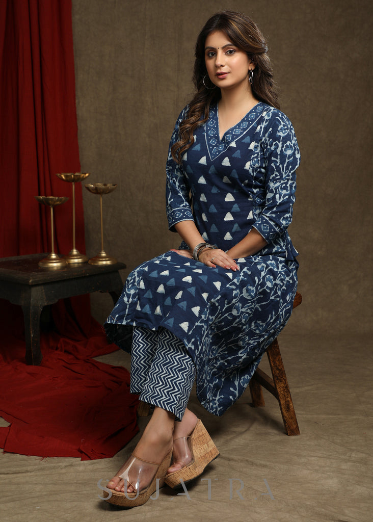 Elegant Indigo Combination A-Line Kurta - Pant optional